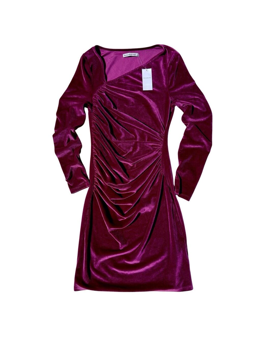 NWT Abercrombie & Fitch Plum Velvet Ruched Long Sleeve Party Dress Size Small